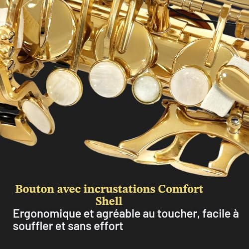WUQIMUSC Saxophone alto débutant pour adultes et étudiants, saxophone Eb professionnel en laiton, étui, embouchure, anches, gants, chiffon de nettoyage et brosse (doré) – vue 6
