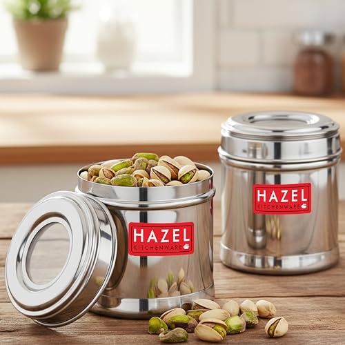 Image of HAZEL Stainless Steel Kitchen Containers 300ml Set of 2 with Transparent See-Through Lid | Airtight Spice & Dry Fruit Storage Jars