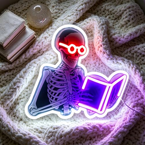 Image of Purple&White Neon Sign Led Neon Lights Signs for Wall Decor USB Powered Led Signs for Room Decoration-Skeleton Read Book