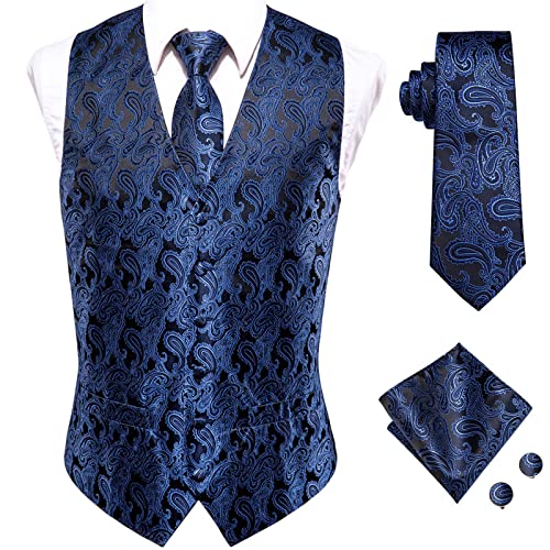 Men's Silk Vests and Tie Business Formal Dresses Slim Vest 4PC Hanky Cufflinks Suit Blue Paisley Waistcoat