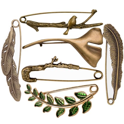 6PCS Extra Large Decorative Fashion Safety Pins for Clothing Giant Retro Sweater Lapel Pins – Vintage Brooch Pins for Women (Bronze)