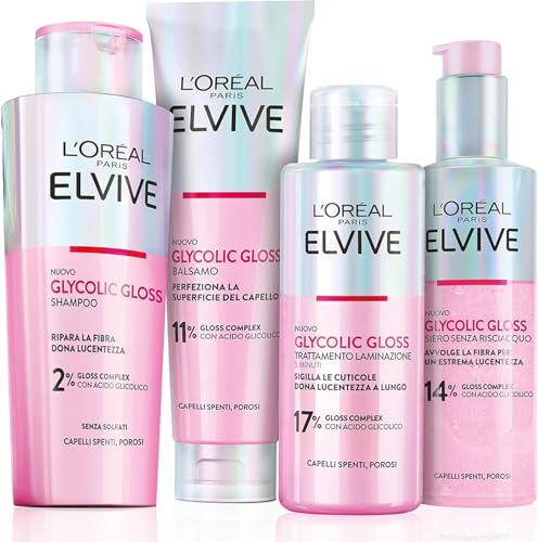 L'Oréal Paris Elvive Glycolic Gloss Rutina con Shampoo, Acondicionador, Tratamiento de Laminado 5 Min y Sérum Iluminador para Cabello Poroso y Sin Brillo con Gloss Complex y Ácido Glicólico