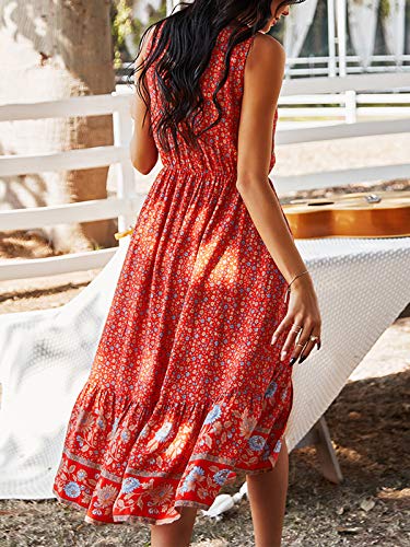Image of TEMOFON Women Dress Summer Sleeveless Bohemian: Floral V Neck Button Down Flowy Boho Dresses S-XL