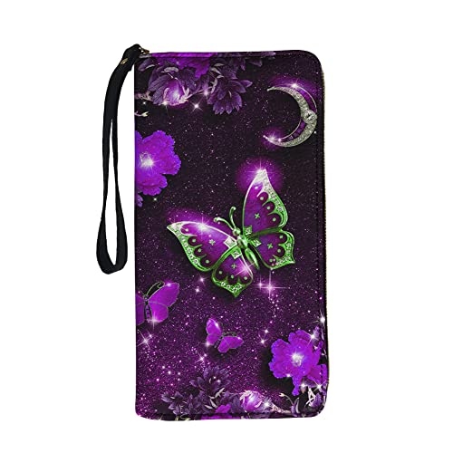 Binienty Portefeuille long pour femme avec fermeture éclair sur le pourtour - Cuir synthétique - Porte-cartes, Papillon violet, Taille unique Cover