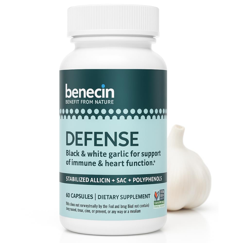Benecin Defense 1500 mcg Stabilized Allicin per Capsule | Plus high Amounts of SAC & Polyphenols from Black Garlic | Powerful Support of Immune & Heart Function Vegetarian Caps (1 Count (Pack of 60))