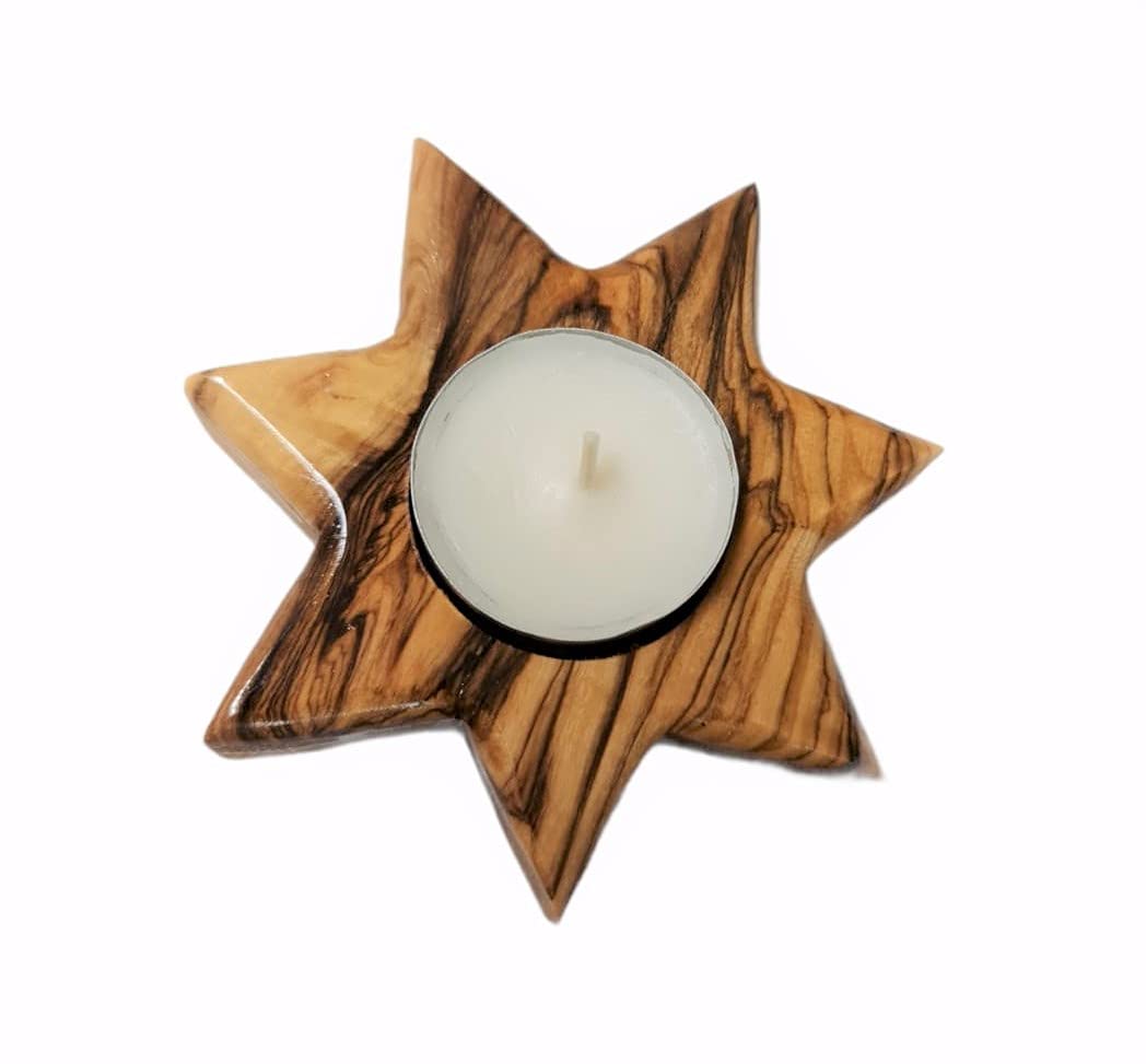 Bethlehem Star Hand Made Authentic Olive Wood in Bethlehem holy Land Size 10cm with White Candle