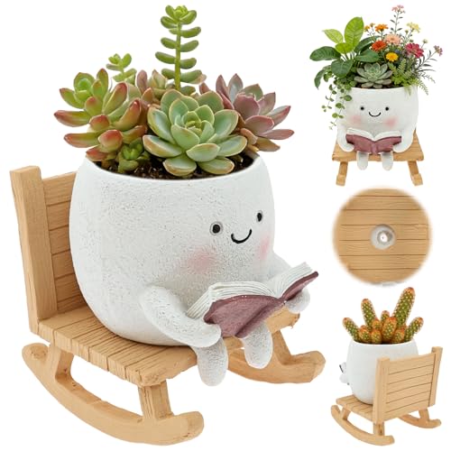 Blumentopf mit Gesicht,Niedlicher Schaukelstuhl Blumentöpfe aus Kunstharz,Pflanzgefäße mit Abflussloch für Innen-und Außenbereich,Dekorative Blumentöpfe für Tisch,Geschenk für Lehrer,Mütter und Freund