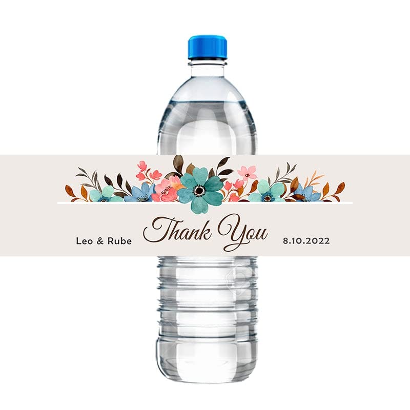 30pcs Customize Thank You Wedding Label with Floral Watercolor Water Bottle Labels Print Your Name Date Bridal Party Decor (G)