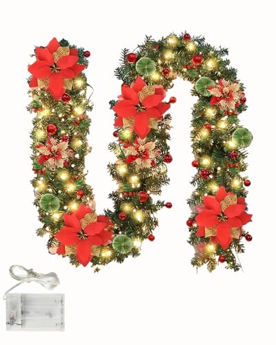 Onalix Guirnalda de Navidad 2.7M con 50 LED, Ramas de Pino Artificial, Bayas Rojas, Flores y Bolas Decorativas, Ideal para Puerta, Chimenea y escaleras, Interior, Exterior