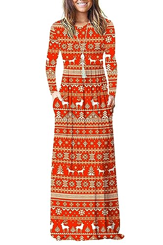 AUSELILY Damen Langarm Maxikleider Lässige Langkleider mit Taschen Winter Weihnachtshirsch XXL