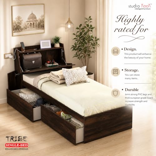 Image of Studio Kook Tribe Left Single Bed with Headboard Storage & 2 Drawers | Engineered Wood Bed | Fits 78 x 36 inch Mattress | Junglewood | Mattress Not Included