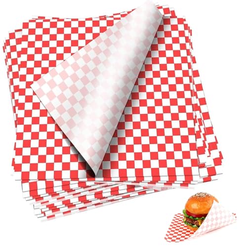 100 Pcs Greaseproof Food Wrapping Paper Sheets Oil-Resistant Red Printed Burger Sandwich Fish & Chip Wraps Ideal for Restaurants Takeout & Home Use