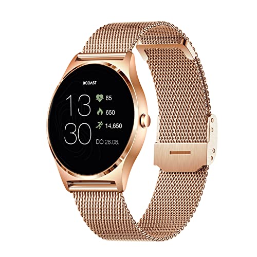 XCOAST-JOLI-Damen-Smartwatch-Fitnesstracker-iOS-Android-Rosegold-milanaise-Armband-IP67-wasserdicht-Herzfrequenz-Blutdruck-Blutsauerstoff