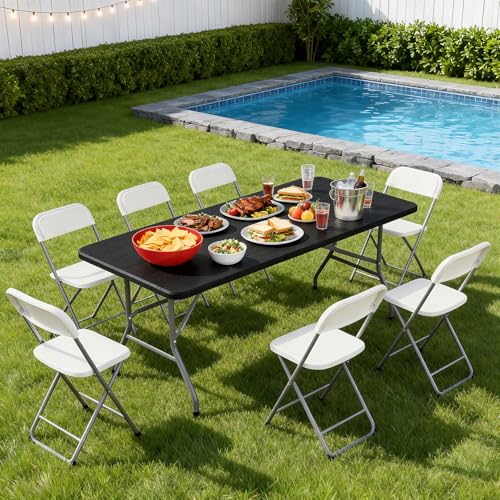Image of BestOffice 6 FT Picnic Table, Portable Plastic Folding Table with Carrying Handle Perfect for Picnics, Parties, Party and Camping, Black Wood Grain