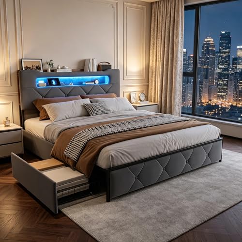 LIVLUX Lit 160x200 avec Sommier LED et USB,lit Double rembourré avec sommier à Lattes et 4 Tiroirs,Tete de Lit avec rangement,2 Personnes pour Adultes et...