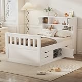 Merax Twin Size Platform Bed, Captain Bed Frame with 4 Storage Drawers and Bookcase and Shelves, Multi-funtional Storage Bed, White