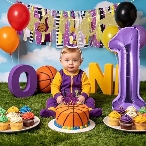 Image of Basketball Highchair Banner for First Birthday Party Decorations | My 1st Rookie Year Basketball Banner for Boys Purple Gold High Chair Fabric Banner for One Birthday Backdrop Decorations