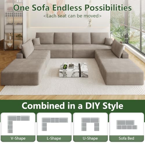 Image of Oversized Modular Sectional Sofa Couch, Large 8 Seater Corner Sofa Modern U Shaped Sectional Couch with Ottoman Cloud Couches for Living Room, Office, Spacious Space, Corduroy, No Assembly, Camel