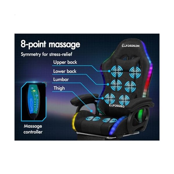ELFORDSON 8-Point Massage Gaming Chair with RGB LED, Massaging Office Chair with Lumbar Support Footrest 82cm High Back 150° Recliner, Adults and Kids, Fabric Linen, Black - Image 5