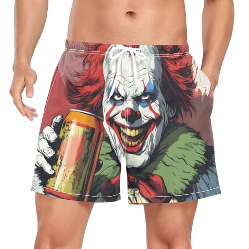 Mens Swim Trunks with Liner, Clown Scary Soda Cool Quick Dry Beach Swim Shorts, Swimwear Bathing Suits S