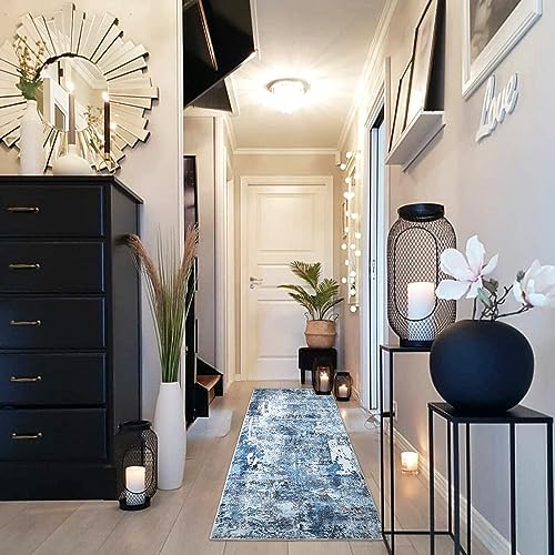 Runner Rug 2'6''x8' Hallway Washable Boho Soft Area Rug Abstract Pattern Non-Slip Faux Wool Vintage for Kitchen, Entryway, Laundry, Bedroom, Blue