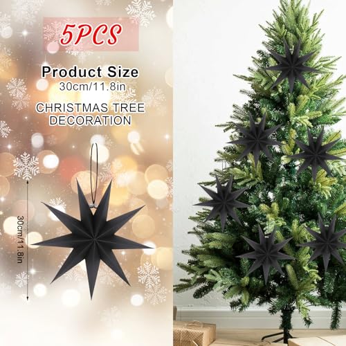 Image of 12 Inches 5 PCS Black Paper Star Lanterns Hanging Stars Christmas Party Decorations Hanging Lampshade Christmas Wedding Birthday Christmas Home Party Decorations(9 Pointed)