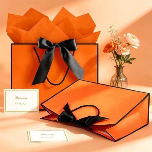 Image of JMANNI Gift Bags with Handles, 13 inch Medium Gift Bag for Presents, 2 Pcs Bags with 4 Tissue Paper and 2 Cards for Graduation Baby Shower Wedding Fathers Day Mother's Day Birthday Party(Orange black)