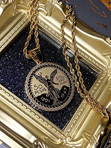 Collar Moneda Centenario Mexicano – Colgante 50 Pesos Helado con Baño de Oro Amarillo 14k y Cadena de Cuerda 2.5mm, Joyería de Acero Inoxidable2