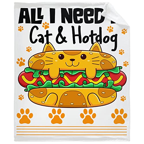 caimizogojocrz All I Need is Cat & Hotdog Flannel Fleece Throw Blankets, Super Soft Cozy Lightweight Swaddle Blanket for Couch Chair Bed Sofa Office Teen or Nap Size 50"x60" M