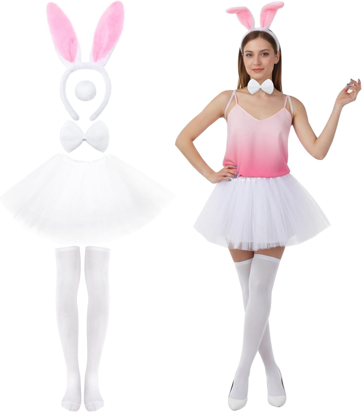 5 Pcs Bunny Costume Set - Include Rabbit Ears Headband Tutu Skirt Tail Bow Tie Thigh High Stocking for Cosplay, Halloween, Parties
