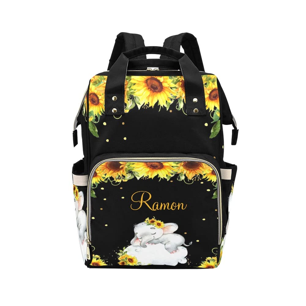 Grandkli Sunflower Elephant Personalized Diaper Bag Multi-Function Backpack Nappy Bag Travel DayPack for Unisex, One Size