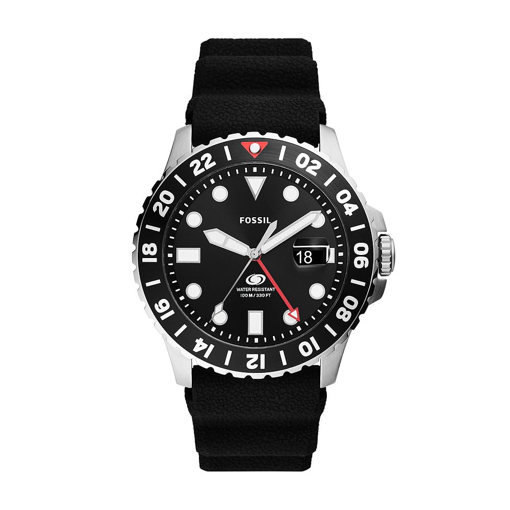 FossilMen's Watch Blue Gmt, Three Hand Date Movement, Stainless Steel with a 46mm Case Size and Silicone Strap