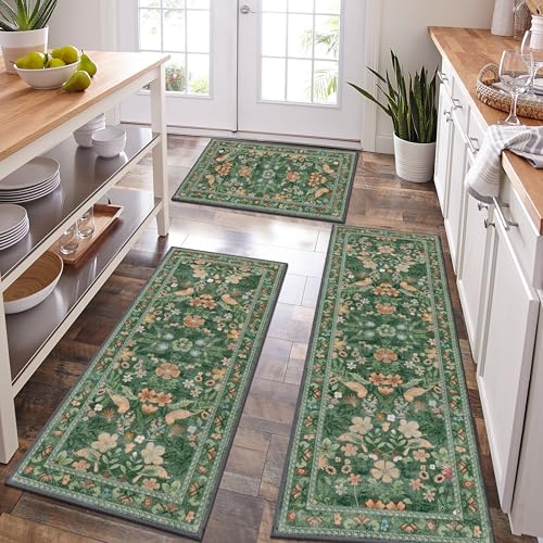 HEBE Boho Kitchen Rugs Set of 3, Non Slip Washable Kitchen Mats for Floor | Farmhouse Kitchen Runner Rug Set, Soft Vintage Stain Resistant Kitchen Floor Carpet Runners for Hallway, Entryway,