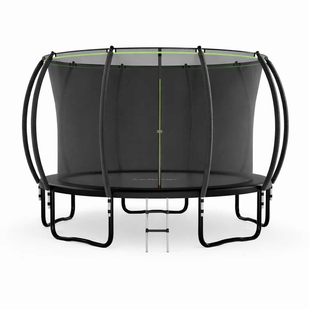 LeJump Cama Elástica Exterior de 235/305/366 cm, Cama Elástica de Jardín para Niños con Red de Seguridad Alta y Escalera, Camas Elásticas Certificadas GS, Capacidad Máxima 100/150 kg