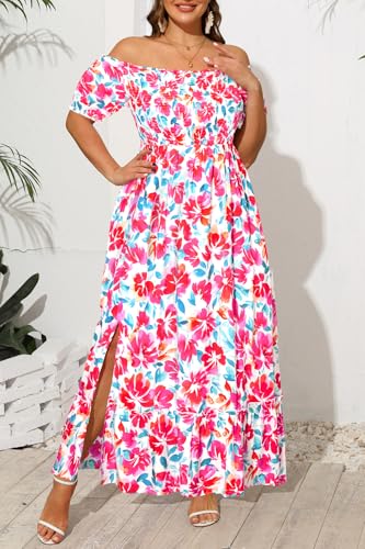 Image of Plus Size Summer Dresses Sun - Maxi Boho Casual Off Shoulder Floral Lace Long Dress with Pockets