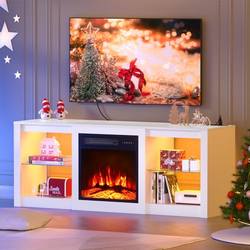 Kucreiheat Fireplace TV Stand with LED Light and Power Outelt-Fireplace Entertainment Center for 65 inch TV with Adjustable Glass Shelves, White TV Console for Living Room/Bedrom, 58inch