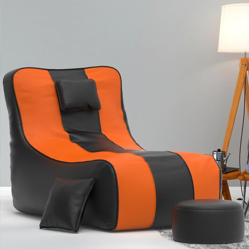 Image of Biggie Bean Bag with Beans Filled 6XL Zuno Lounger-Laziness Pro Max-Crafted for Comfort-Styled for Elegance with Free Cushion & Footrest (Matching Color : Leatherette Black Orange)