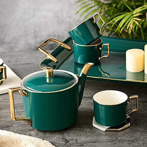 NJBYX Juego de té de café de cerámica Nórdico Dibujo Oro Verde Cafetera Taza Jarra de leche Azúcar Bandeja Set de té de… - Imagen 7