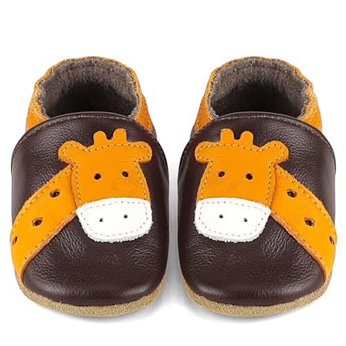 LACOFIA Baby Soft Leather Shoes Anti-Slip Soft Infant Boys Girls Slipper Crib Shoes First Walkers Brown Deer 12-18 Months