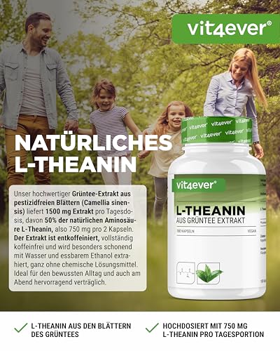 L-Theanin - 180 Kapseln - 750 mg pro Tagesportion - Aus natürlichem Grüntee Extrakt - Hochdosiert - Vegan