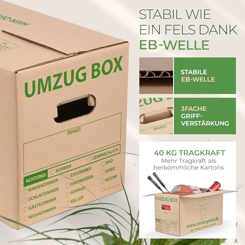 smiley pack stabile Umzugskartons - 620 x 300 x 330 mm - Extra groß - Umzugskiste 40kg Traglast - Umzug mit Karton-Box - Robuster Umzugskarton mit Deckel - Ordnungsboxen (10 Stück)