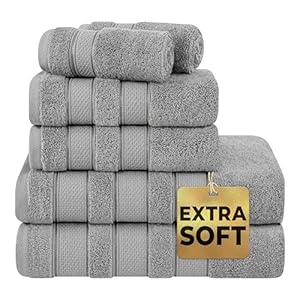 American Soft Linen Bath Towel Set, Salem Collection 100% Turkish Combed Cotton 6 Piece Towel Set, Soft and Absorbent 2 Bath Towels 2 Hand Towels 2 Washcloths Bathroom Shower Towels, Light Gray