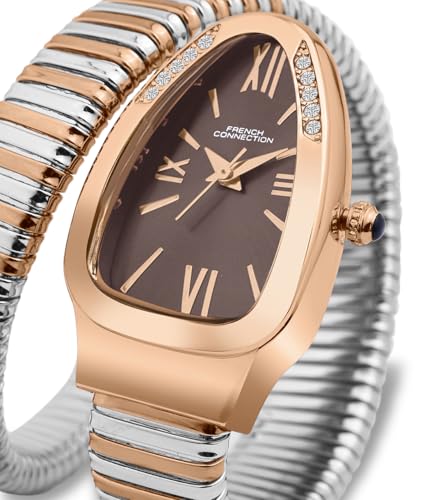 Image of French Connection Eternelle Curve | Brown Dial with Rose Gold Case | Flexible Wrap Bracelet Strap | Crystal Accent Design | Roman Numerals Analog Watch for Women - FCN0142BRTM