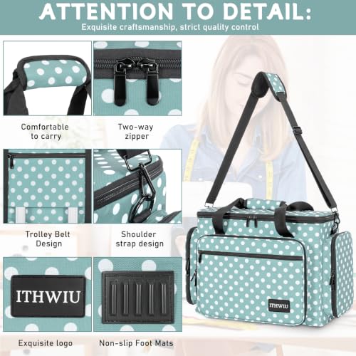 Image of Sewing Machine Carrying Case with Multiple Storage Pockets Large Capacity, Universal Tote Storage Bag Compatible with Most Standard Singer, Brother, Janome, Navy Blue Dots