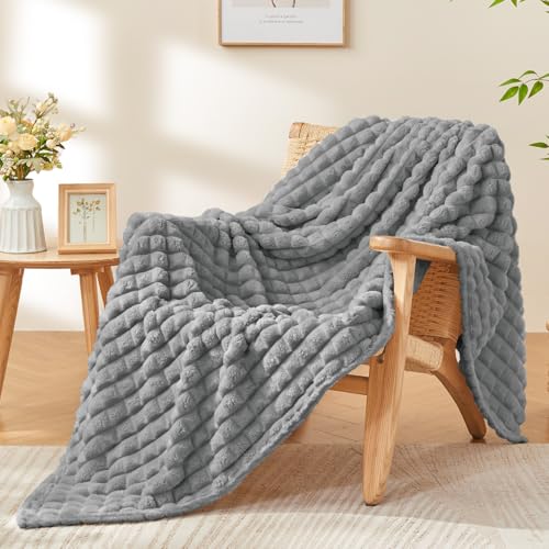 Image of BEDELITE 3D Checked Grey Fleece Throw Blanket for Couch, 50x60 Inches