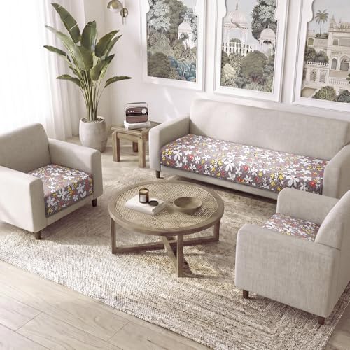 Image of HOKIPO 'Homehues Series' Printed Quilted Sofa Cover 5 Seater Set - Washable 3+1+1 Sofa Cover Mat, Pastel Brown Sandwort Flower (IN-806 * 2 + IN-809 - D1)