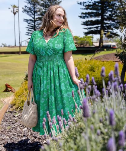 Image of CARCOS Plus Size Dresses for Curvy Women V Neck Summer Maxi Dress Short Sleeve Floral Boho Dress Smocked Waist Beach Dress