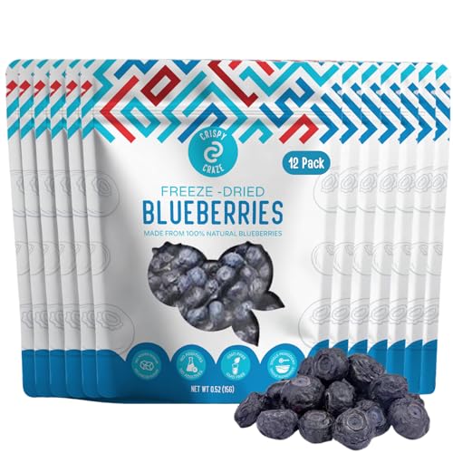 Crispy Craze Freeze Dried Blueberries (12 Snack Sized Bags, 0.52 oz Each), Whole Blueberries Fruit Crisps, Non GMO, Healthy Snack, No Added Sugar & Additives, 100% Natural, Allergen Free, School Safe