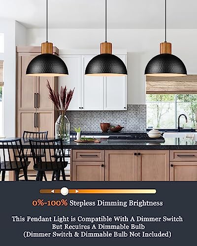 Elyona Industrial Pendant Light, Rubber Wood Dome Hanging Lamp With 12 Inch Hammered Metal Shade, Modern Pendant Light Fixtures For Kitchen Island thumb #1