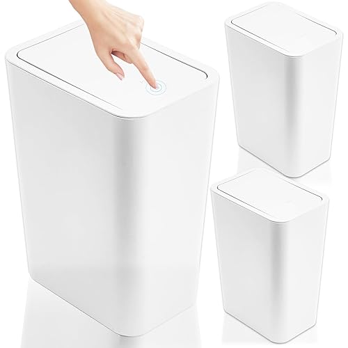 3 Pack Bathroom Trash Can, 12L 3 Gallon and 9L 2.3 Gallon Plastic Slim Garbage Bin Wastebasket with Pop-Up Lid for Kitchen, Bedroom, Office, Dorm,